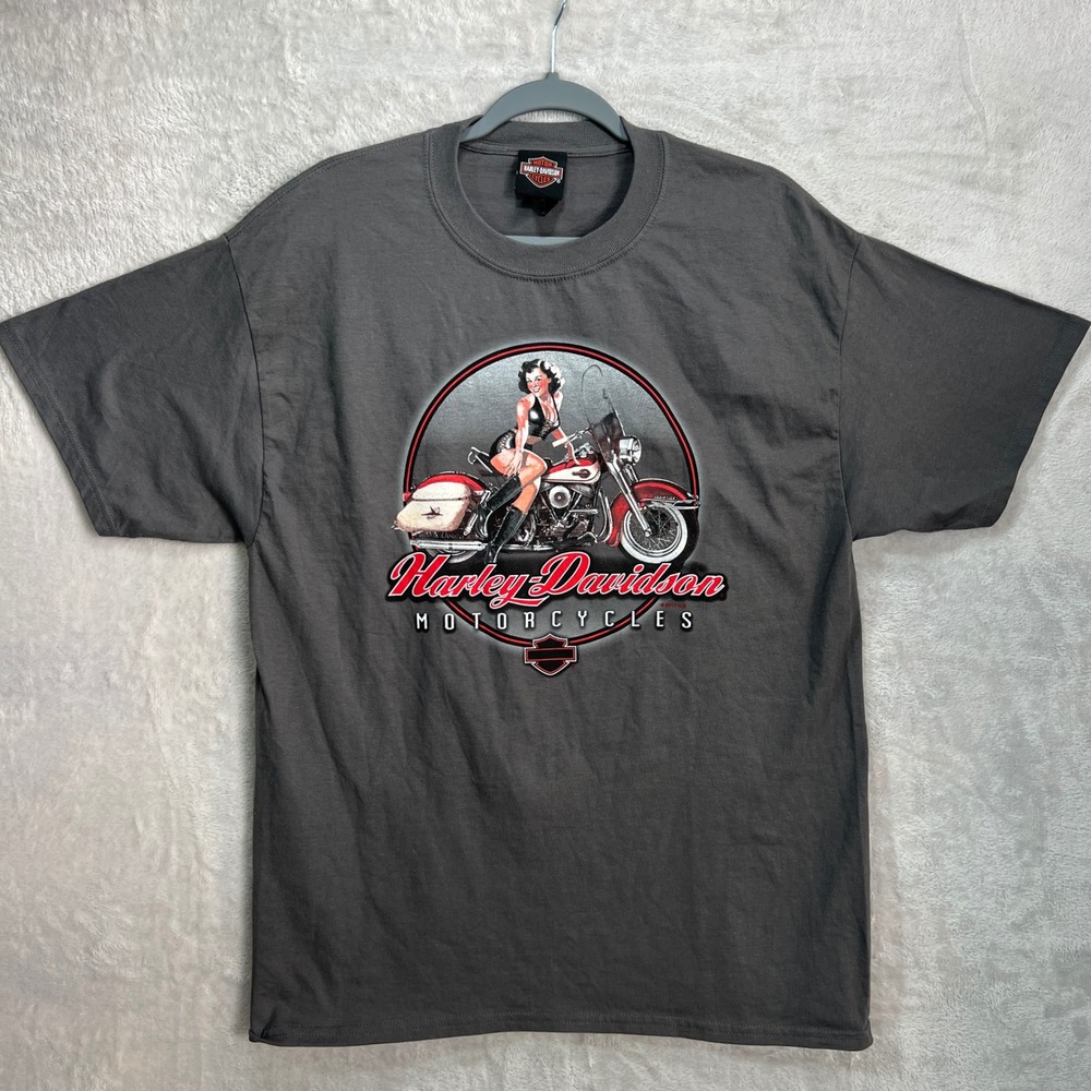 Harley Davidson Mens L Pin Up Girl Motorcycle Graphic Tee Gray Grand Junction CO - Picture 2 of 10